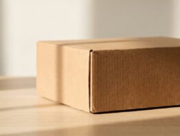 Einzelner unbedruckter brauner Karton auf heller Holzfläche