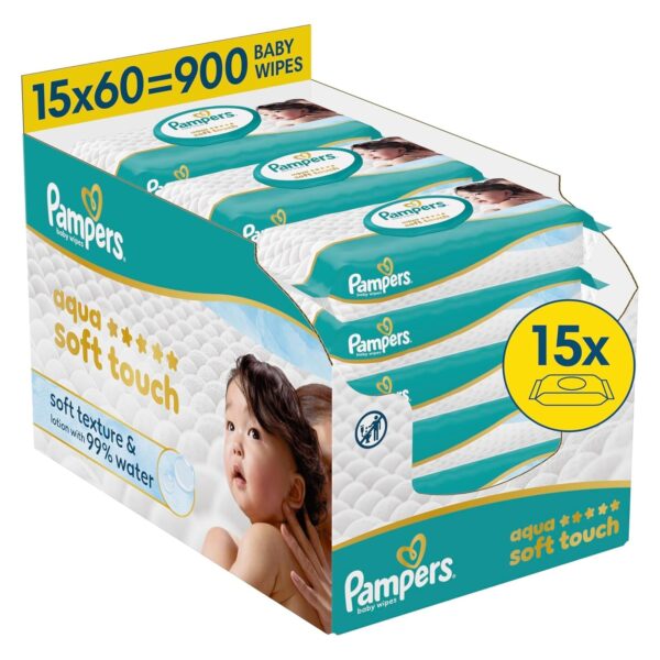pampers aqua soft touch feuchttuecher Pampers Aqua Soft Touch Baby-Feuchttücher, 15x60 (900 Stück)