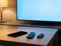 Smartphone, Fernbedienung und Streaming-Stick vor dem Fernseher – Paramount Plus Login per Aktivierungscode