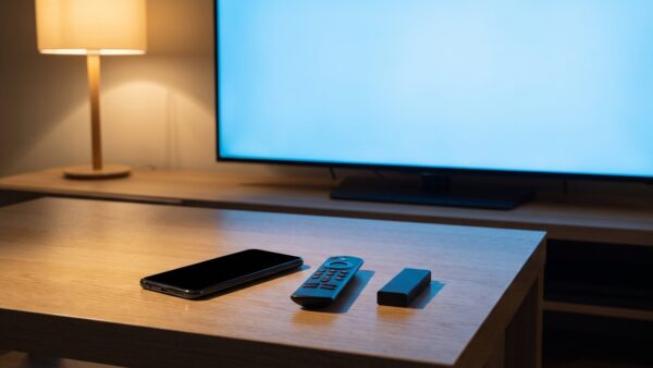 Smartphone, Fernbedienung und Streaming-Stick vor dem Fernseher – Paramount Plus Login per Aktivierungscode