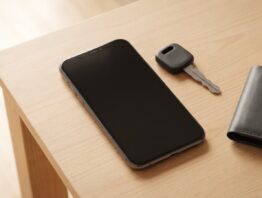 Smartphone mit ausgeschaltetem Bildschirm neben Autoschlüssel und Brieftasche auf einem Holztisch