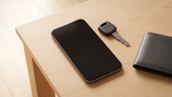 parken app betrug bild 1 Smartphone mit ausgeschaltetem Bildschirm neben AutoschlĂĽssel und Brieftasche auf einem Holztisch