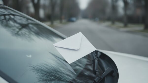 parken app betrug bild 2 Unbedruckter weiĂźer Briefumschlag hinter dem Scheibenwischer einer Autowindschutzscheibe