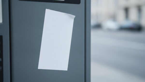 parken app betrug bild 4 Schief klebender leerer Aufkleber mit angehobener Ecke auf der Metallfront eines Parkscheinautomaten