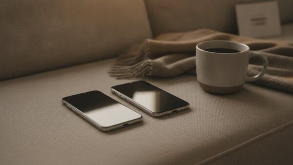 Zwei ausgeschaltete Smartphones auf einem Sofakissen neben Wolldecke und Kaffeetasse
