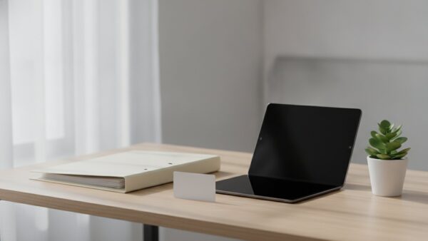 Schreibtisch mit Ordner, unbedruckter Karte, ausgeschaltetem Tablet und Grünpflanze