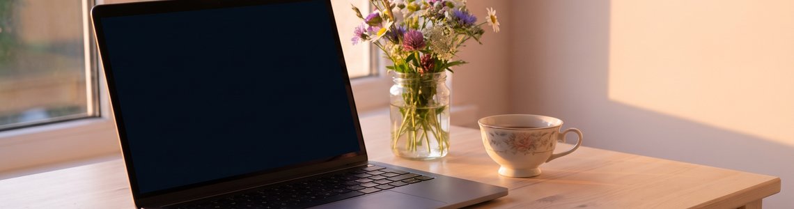 Laptop mit leerem Bildschirm, Smartphone, Teetasse und Wiesenblumen auf einem Holztisch am Fenster