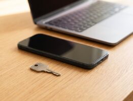 Hardware-Sicherheitsschlüssel neben Smartphone und Laptop