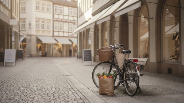 payback joker bild 2 Einkaufsstraße mit neutralen Ladenfronten, Fahrrad mit Einkaufstasche und Gemüsetüte