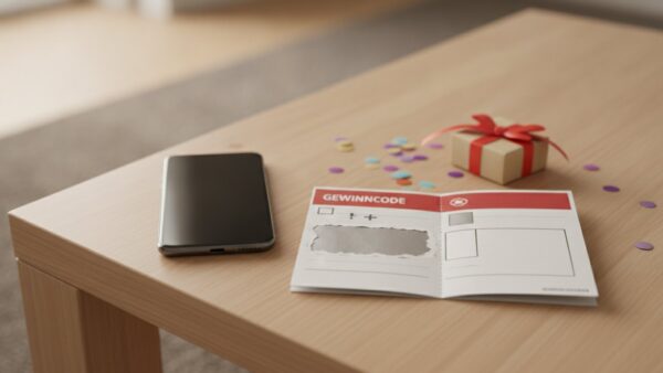 payback joker bild 4 Smartphone, Couponheft mit dem Wort Gewinncode und ein Geschenk mit roter Schleife auf einem Sofatisch