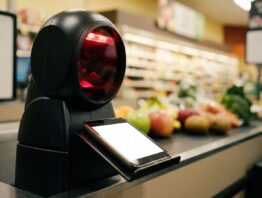 payback pay bild 1 Smartphone vor einem Kassenscanner, im Hintergrund ein Kassenband mit Obst und Gemüse