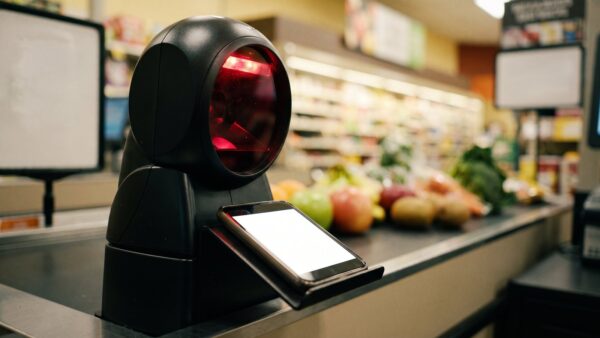 payback pay bild 1 Smartphone vor einem Kassenscanner, im Hintergrund ein Kassenband mit Obst und Gemüse