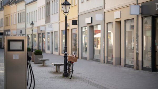 payback pay bild 2 Einkaufsstraße mit unbeschrifteten Ladenfronten, Zapfsäule am Rand und Fahrrad mit Einkaufstasche