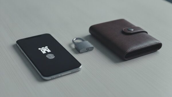 payback pay bild 3 Smartphone mit Schloss- und Fingerabdruck-Symbol neben einem Vorhängeschloss und einem Portemonnaie