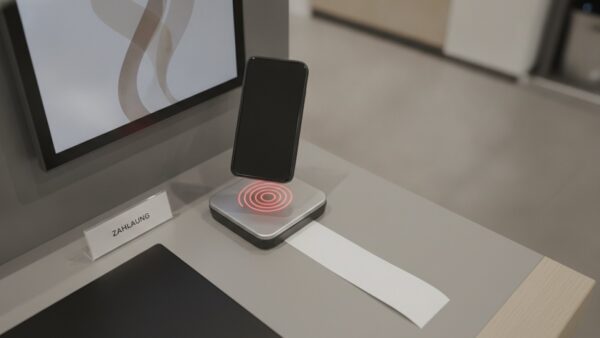 payback pay bild 4 Smartphone schräg über einem Kassenscanner, daneben ein unbedruckter Kassenbon