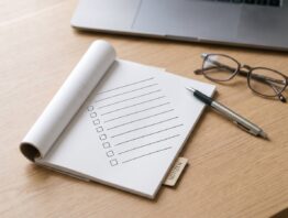 Notizblock mit leerer Checkliste, Stift und Lesebrille vor einem geschlossenen Laptop