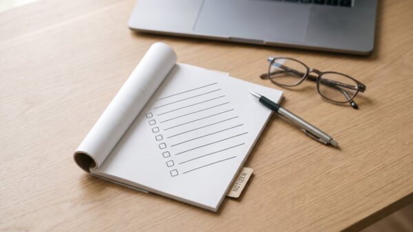 paypal abo kuendigen bild 1 Notizblock mit leerer Checkliste, Stift und Lesebrille vor einem geschlossenen Laptop