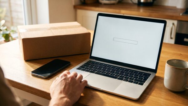paypal login bild 1 Smartphone und Notebook mit leerem Anmeldefeld neben einem Paket beim PayPal Login