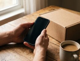 Hände halten ein Smartphone mit dunklem Bildschirm neben einem Versandpaket und einer Kaffeetasse
