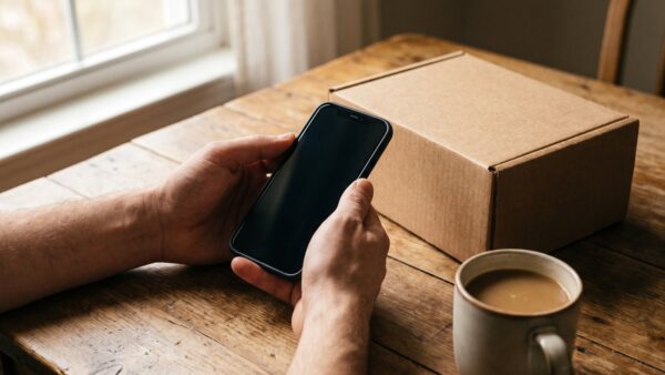 paypal plus bild 1 Hände halten ein Smartphone mit dunklem Bildschirm neben einem Versandpaket und einer Kaffeetasse
