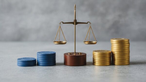 paypal plus bild 2 Niedriger Stapel blauer und höherer Stapel goldener Spielmarken neben einer kleinen Balkenwaage