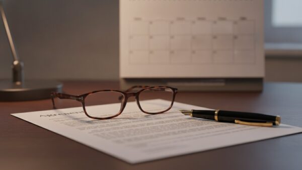 paypal plus bild 4 Aufgefächertes Vertragsdokument mit Lesebrille und Füllfederhalter im Schein einer Schreibtischlampe
