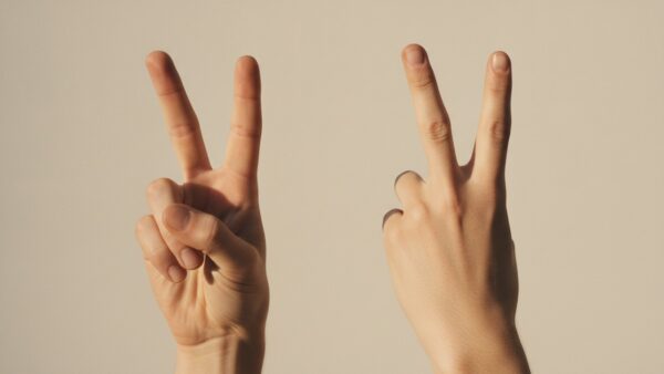 peace zeichen handzeichen Peace-Zeichen mit Fingern einmal mit Handflaeche und einmal mit Handruecken nach vorn