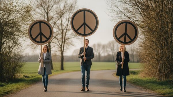 peace zeichen ostermarsch Ostermarsch mit Pappschildern und Peace-Zeichen