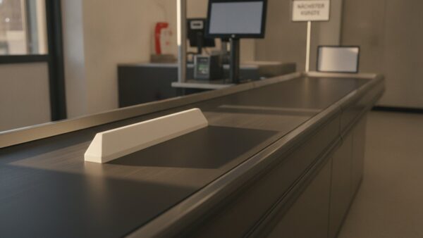 penny app bild 4 Leeres Kassenband mit unbedrucktem Warentrenner im Supermarkt