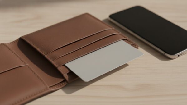 Brieftasche mit unbedruckter Karte neben einem Smartphone auf Holz