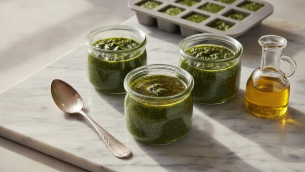 Selbstgemachtes Pesto im Glas mit Oelschicht und portionsweise eingefroren