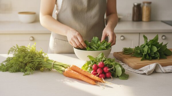 Karottengruen und Radieschenblaetter als guenstiger Basilikum-Ersatz fuers Pesto