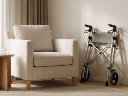 Wohnzimmer mit hellem Ohrensessel, Beistelltisch und zusammengeklapptem Rollator