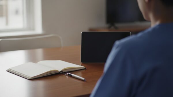 Esstisch mit leerem Notizbuch und ausgeschaltetem Tablet, am Rand die Schulter einer Pflegekraft