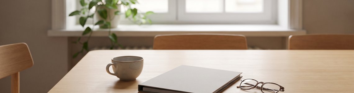 Küchentisch mit Teetasse, grauer Mappe und Lesebrille vor einem hellen Fenster