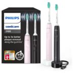 Philips Sonicare 3100 elektrische Zahnbürste, Schallzahnbürste, Andruckkontrolle und Timer, Sugar Rose und Schwarz, Zweierpack, Modell HX3675/15