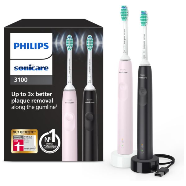 philips sonicare 3100 schallzahnbuerste 2er pack Philips Sonicare 3100 elektrische Zahnbürste, Schallzahnbürste, Andruckkontrolle und Timer, Sugar Rose und Schwarz, Zweierpack, Modell HX3675/15