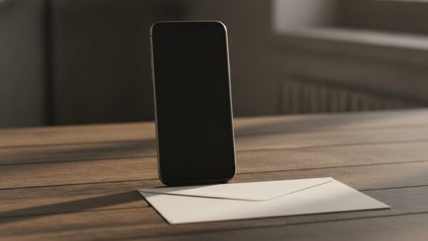 pizza hut gutschein bild 2 Smartphone mit schwarzem Bildschirm neben leerem Briefumschlag