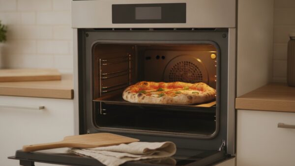 pizzateig selber machen backofen Pizza im Haushaltsbackofen auf Backstahl mit luftig aufgegangenem Rand