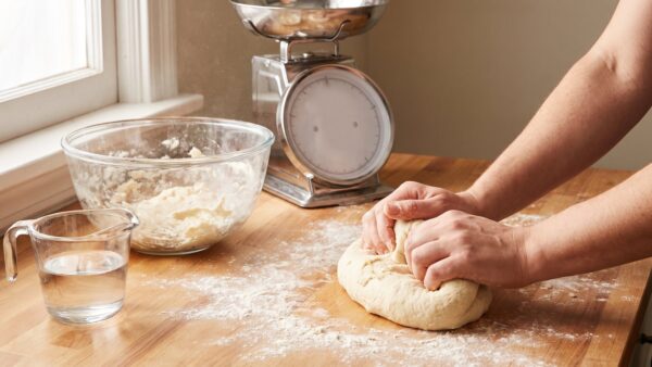 pizzateig selber machen grundteig Pizzateig selber machen: Hände kneten Teig auf bemehlter Holzarbeitsplatte