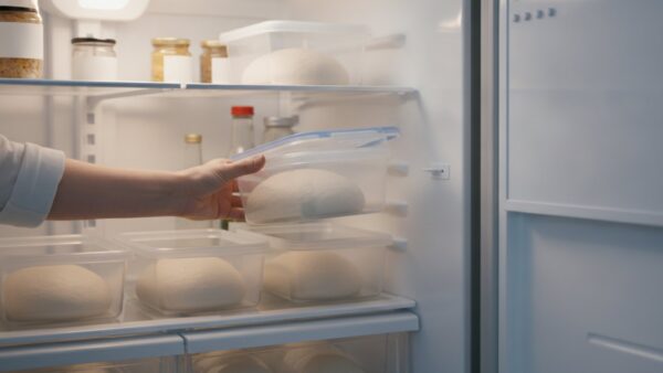 pizzateig selber machen kalte gare Pizzateig kalte Gare: aufgegangene Teigkugeln in Frischhaltedosen im Kühlschrank