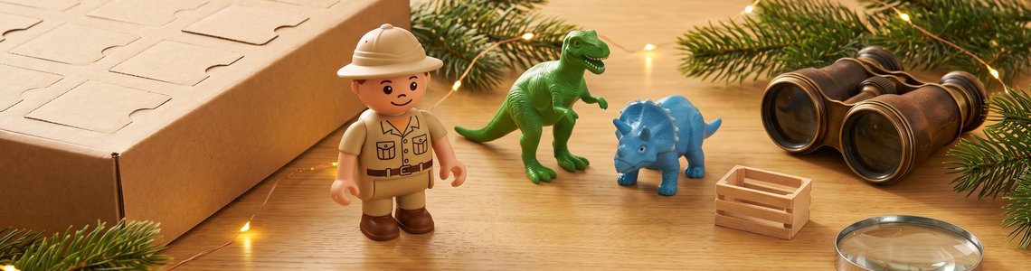 Playmobil Adventskalender 2026 Dino-Expedition Spielfiguren auf Holztisch
