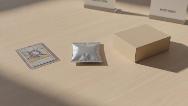 pokemon karten kaufen 3 einzelkarte booster Einzelne Sammelkarte, Boosterpackung und Display nebeneinander auf einem Holztisch