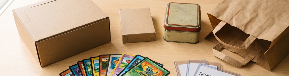 Sammelkarten-Verpackungen auf einer Ladentheke mit leeren Preisschildern