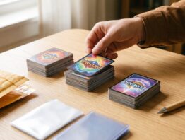 Sortierte Sammelkarten und Versandmaterial vorbereitet zum Verkauf