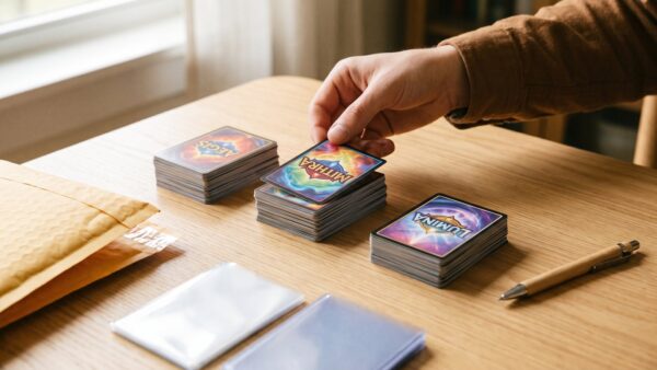 pokemon karten verkaufen 1 verkauf vorbereiten Sortierte Sammelkarten und Versandmaterial auf einem Tisch vorbereitet zum Verkauf