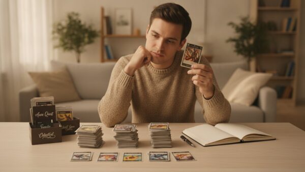pokemon karten verkaufen 2 sammlung bewerten Alte Sammelkarten werden auf einem Tisch in Stapel sortiert und bewertet