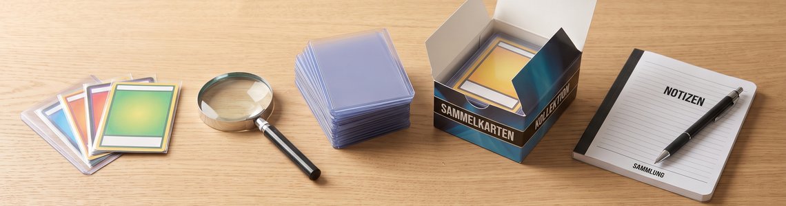 Sammelkarten, Lupe und Schutzhüllen auf einem Schreibtisch