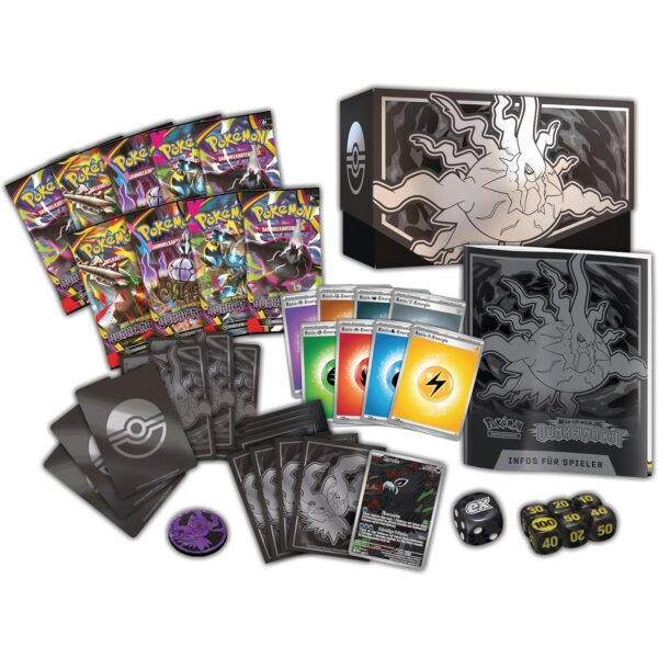 Pokémon Top-Trainer-Box Dunkelnacht Inhalt: 9 Boosterpacks, Zarude-Promokarte, Kartenhüllen und Würfel