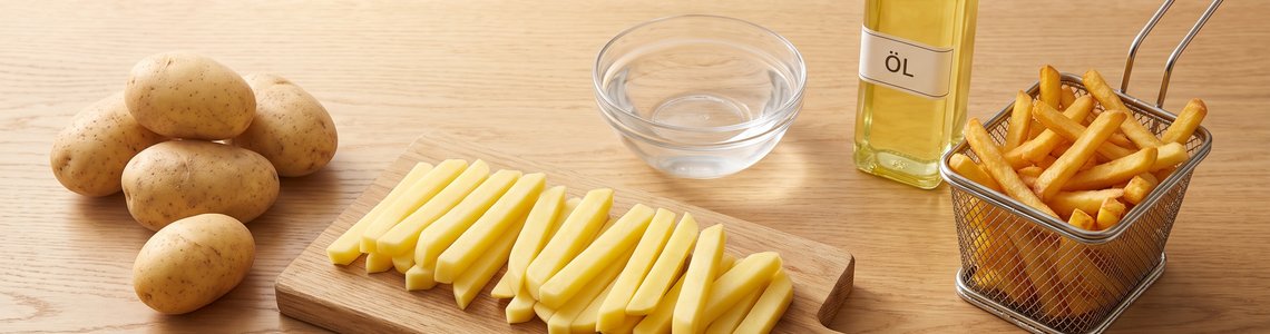 Pommes selber machen: Kartoffeln, geschnittene Staebchen, Wasserschuessel und fertige Pommes im Frittierkorb